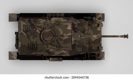 Metallic military camo painting tank on black-white flash lighting background. Concept image of power strength, dynamic strategy and Strong system. 3D illustration. 3D high quality rendering. 3D CG.