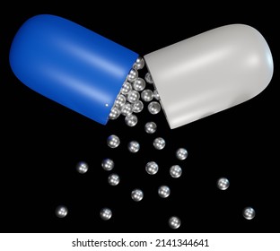 metallic nanomedicine silver ball inside of capsule drug delivery system 3d rendering