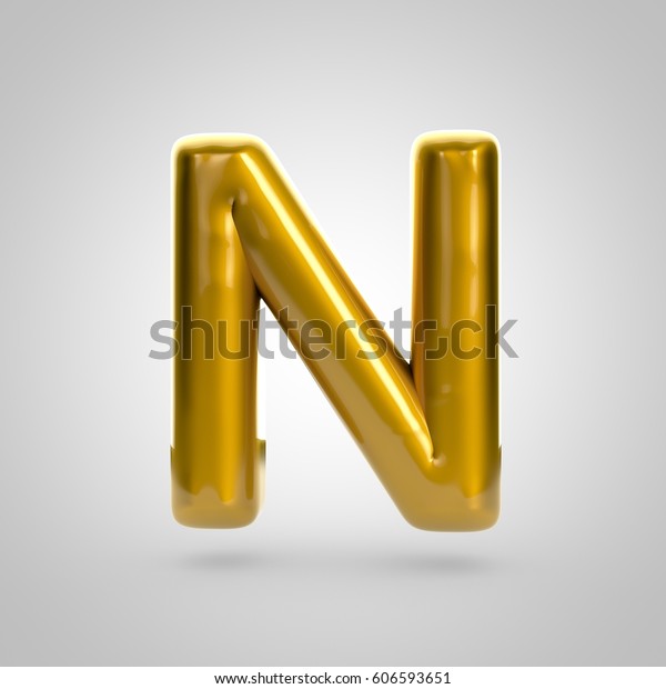 Metallic\
paint golden letter N uppercase. 3D rendering font with glint and\
lights reflections isolated on white\
background.