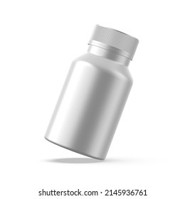 Metallic Pill Jar Mockup Template, Matte Medicine Bottle For Capsules And Tablets On Isolated White Background, 3d Illustration