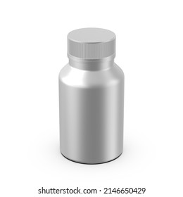 Metallic Pill Jar Mockup Template, Matte Medicine Bottle For Capsules And Tablets On Isolated White Background, 3d Illustration