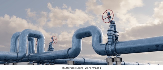 Metallic pipelines equipped with automatic gate valves for the transportation of gas or oil against a cloudy sky. 3D illustration