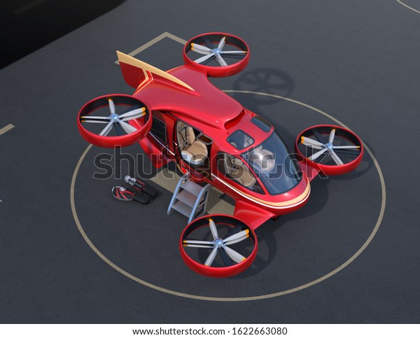 Metallic red flying car ( air taxi) parking on\
Drone Port.  3D rendering\
image.