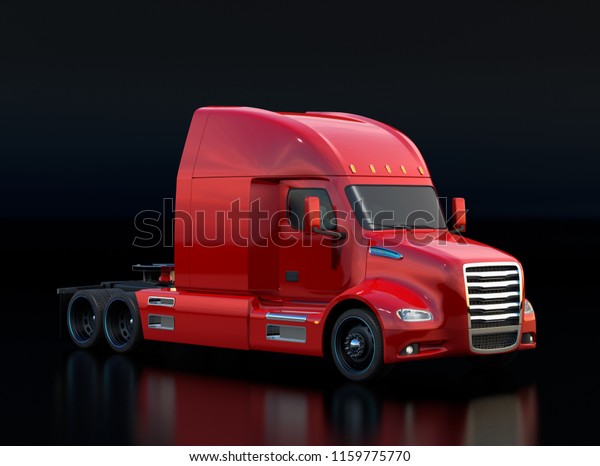 Metallic red fuel cell powered American\
truck cabin on black background. 3D rendering\
image.