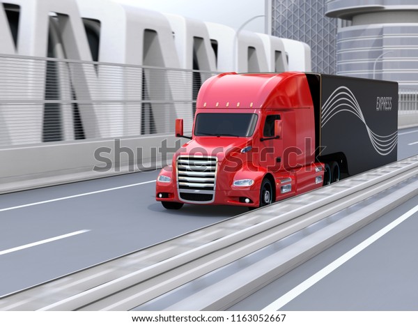 Metallic red Fuel Cell Powered American\
Truck driving on highway. 3D rendering\
image.