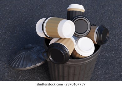 Metallic rubbish bin full of disposable coffee cups. 3D illustration of the concept of litter produced by paper cups - Powered by Shutterstock