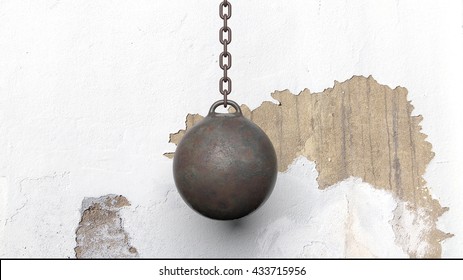 Metallic rusty wrecking ball on chain, with old wall. 3D rendering