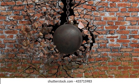 Metallic rusty wrecking ball on chain shattering an old brick wall. 3D rendering