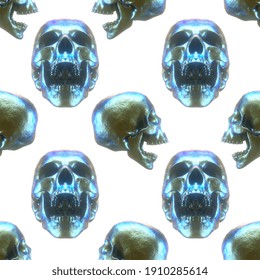 Metallic scull hyperrealistic image. 3D rendering. Holographic. Opened mouth. Teeth. Trendy digital art. Endless repeatable pattern. Gift wrapping and interior wall paper, stationery graphic design. 