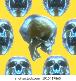 Metallic scull hyperrealistic image. 3D rendering. Holographic. Yellow background. Trendy digital art. Endless repeatable pattern. Gift wrapping and interior wall paper, stationery graphic design.
