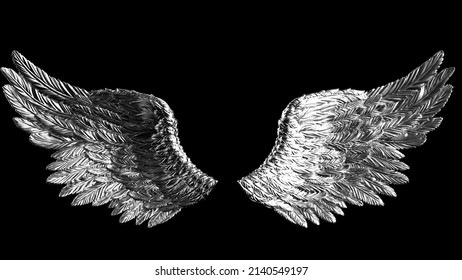 Metallic silver wings under black lighting background. Concept image of free activity, decision without regret and strategic action. 3D CG. 3D illustration.