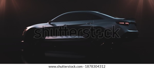 Metallic sports sedan car,\
side view (non-existent car design, full generic) - 3d render, 3d\
illustration