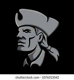 Metallic Style Flat Icon Or Mascot Illustration Of Head Of An American Patriot, Minuteman Or Militia Revolutionary Soldier Wearing Tricorne Hat On Isolated Black Background.