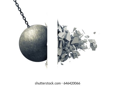 Metallic Wrecking Ball Shattering Wall. 3D Illustration.