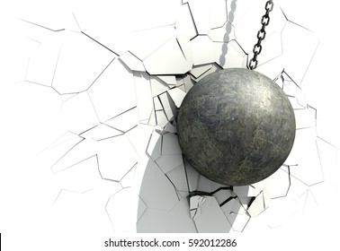 Metallic Wrecking Ball Shattering The White Wall. 3D Illustration.
