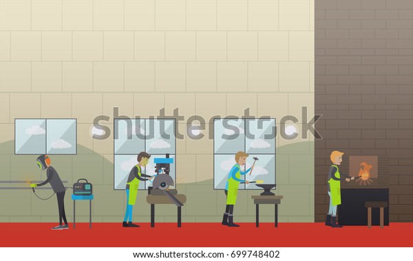 Metalworking concept illustration. Factory workers\
smith, welder, foundry worker, moulder, metal cutter design\
elements in flat\
style.