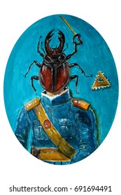 Metaphor Concept Of A Stag Beetle As A Human Head For A Revolutionary Soldier. Acrylic On Canvas Painting.