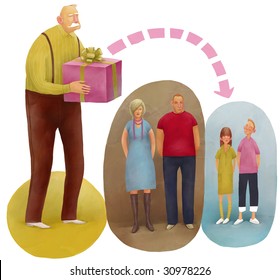 The Metaphor Illustration Of Inheritance. Old Man Giving The Gift To His Grandchildren Over His Children.