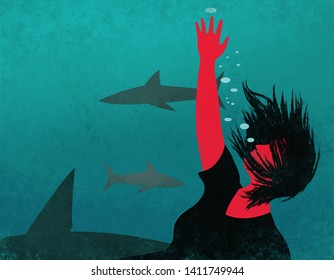 Metaphor Illustration Of A Woman Sinking In The Water Surrounded By Sharks