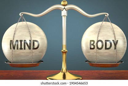 Metaphor Of Mind And Body Staying In Balance - Showed As A Metal Scale With Weights And Labels Mind And Body To Symbolize Balance And Symmetry Of Mind And Body In Life Or Business, 3d Illustration