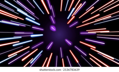 Metaphysical Space Travel Effect, Neon Light Speed With Vanishing Point, Graphic Design With 3d Design. Cartoon Style Comic Strip, Stimulating Color. Futuristic Design For Graphic Industry 