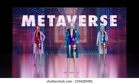 Metaverse Digital 3D Stage Podium With Digital Fashion Sold As NFT. Cyber Podium Catwalk With Avatars Showing Online Clothing. 3D Rendering