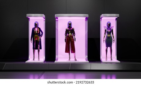 Metaverse Digital Clothing Shop. Virtual Fashion In An Online Virtual Store Display With Digital Avatars. 3D Rendering