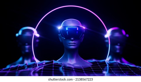 Metaverse Digital Cyber World Technology, Man With Virtual Reality VR Goggle Playing AR Augmented Reality Game And Entertainment, NFT Game Futuristic Lifestyle 3d Illustration