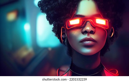 Metaverse Digital Cyber World Technology, Woman Virtual Reality VR Goggle Playing AR Augmented Reality Game And Entertainment, NFT Game Futuristic Lifestyle.digital Art Illustration.black Girl Afro.