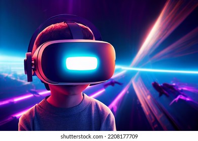 Metaverse digital cyber world technology, kid boy virtual reality VR goggle.kid boy child study tech game and entertainment, NFT game futuristic.digital art illustration.education school.3d rendering. - Powered by Shutterstock