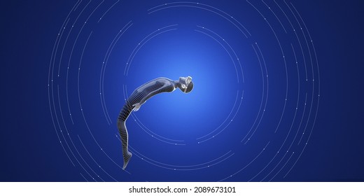 Metaverse Technology. 3d wireframe concept VR virtual reality. abstract human with neon lines. 3d rendering illustration