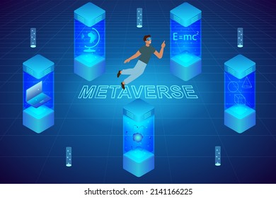 Metaverse virtual education 3d isometric illustration concept for banner, website, ads. Young man wearing a VR goggles and learning in the metaverse futuristic world.