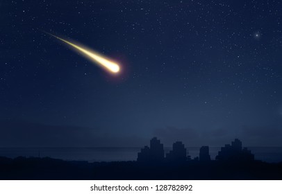 Meteor Comet Over The Nigt Sky City Landscape