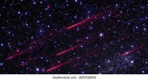 Meteor Shower Among The Stars. Dark Space And Red Lights. Cosmos Starry Night Sky.