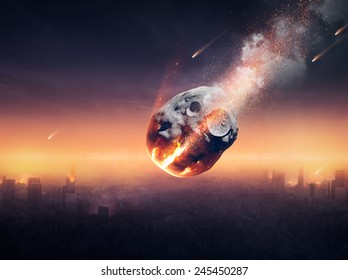 Meteor Shower Destroying City On Earth - 3D Artwork -conceptual Global Disaster