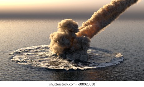 Meteorite Falls Into The Ocean 3d Illustration