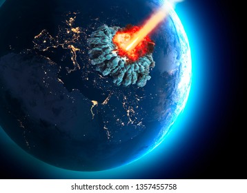 Meteorites that hit the earth. Explosion, cataclysm end of the world. Global extinction. Nuclear bomb. 3d rendering. Elements of this image are furnished by NASA