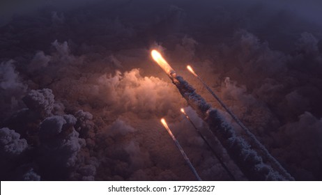 Meteors flying over the clouds 3d illustration