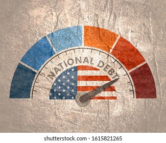 Meter Read High Level Of National Debt Result. Color Scale With Arrow From Blue To Red. The Measuring Device Icon. Colorful Infographic Gauge Element. National Flag Of USA