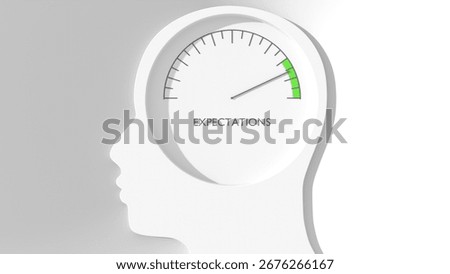 Meter with the word expectations represents the surpassing of expectations of the people. Customer or businessman head with scale. 3D render.