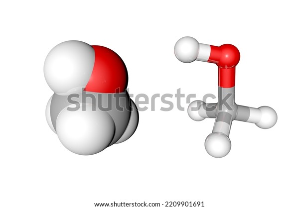 Methanol or methyl alcohol. Molecular\
structure. Atoms are represented as spheres with conventional color\
coding: carbon (grey), oxygen (red), hydrogen (white). Scientific\
background. 3d\
illustration