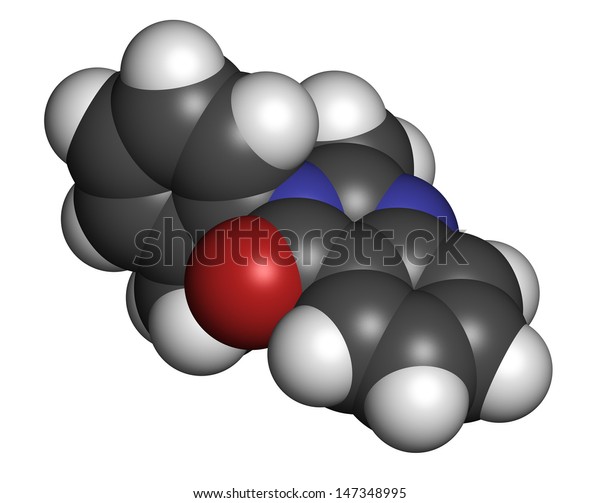 Methaqualone\
recreational drug, chemical structure. Atoms are represented as\
spheres with conventional color coding: hydrogen (white), carbon\
(grey), oxygen (red), nitrogen\
(blue).