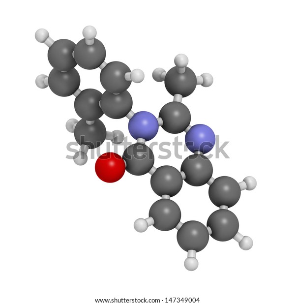 Methaqualone\
recreational drug, chemical structure. Atoms are represented as\
spheres with conventional color coding: hydrogen (white), carbon\
(grey), oxygen (red), nitrogen\
(blue).