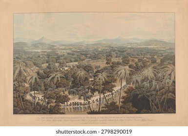 The Method of Catching Wild Elephants by the Kraal in Island of Ceylon in the East Indies. Vintage chromolithograph print, old art illustration.