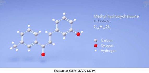 methyl hydroxychalcone molecule, molecular structure, antidiabetic agent 3d model, Structural Chemical Formula and Atoms with Color Coding