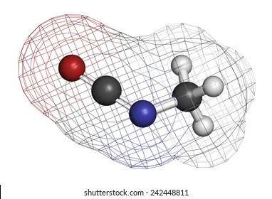 Methyl isocyanate (MIC) toxic molecule. Important chemical that was responsible for thousands of deaths in the Bhopal disaster. Atoms are represented as spheres with conventional color coding. 