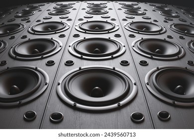 A meticulously aligned series of speakers embodying the pinnacle of sound technology, designed for unparalleled audio performance and visual symmetry.