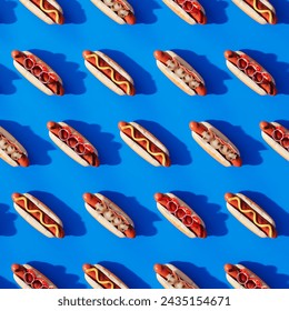 A meticulously arranged, seamless pattern of delectable hot dogs dressed with mustard and ketchup, vividly laid out over a bright blue backdrop for a striking visual effect.