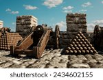 A meticulously preserved vintage cannon, accompanied by piled cannonballs, stands proudly atop the ancient stone walls of a fortress, its silent presence a reminder of past battles