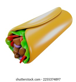 Mexican burrito with meat and salad side view. Lavash with meat and onion. Latin American food. Burrito icon. Landing page design icon. 3D render. 3d illustration. - Powered by Shutterstock